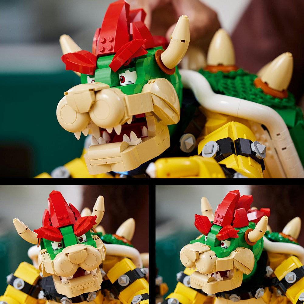 LEGO Bowser Set in verschiedenen Ansichten, die den Kopf, die Schale und Details zeigen.