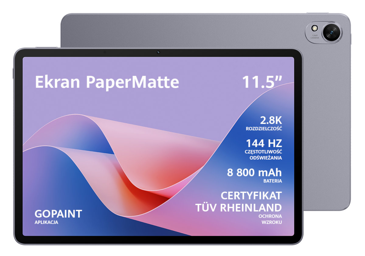 Tablet z ekranem wyświetlającym tekst i grafikę. Z tyłu znajduje się aparat. To jasnoszary tablet.