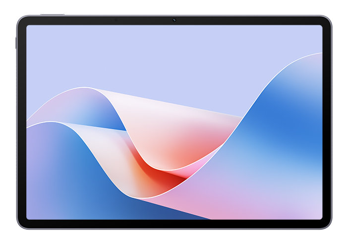 Tablet z jasnoniebieskim i fioletowym abstrakcyjnym tłem.