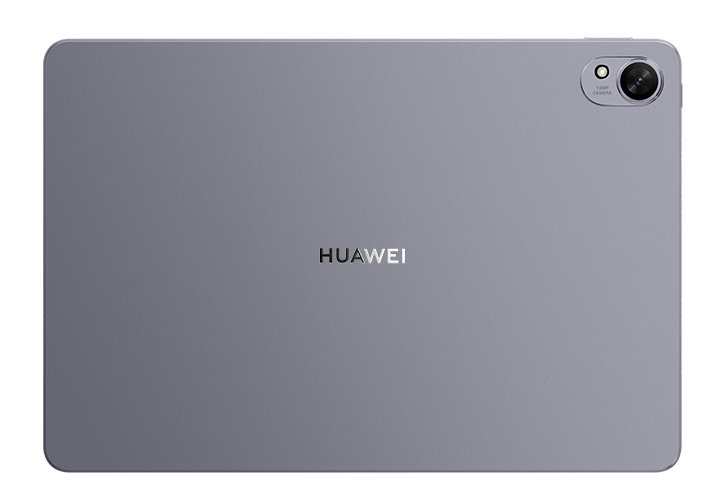 Szary tablet, widok z tyłu, z aparatem i logo Huawei na białym tle.