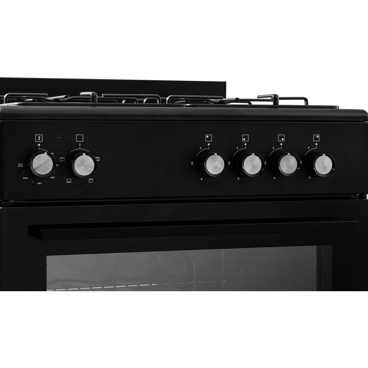 Close-up van een zwarte oven en kookplaat met knoppen. De ovendeur is gesloten.