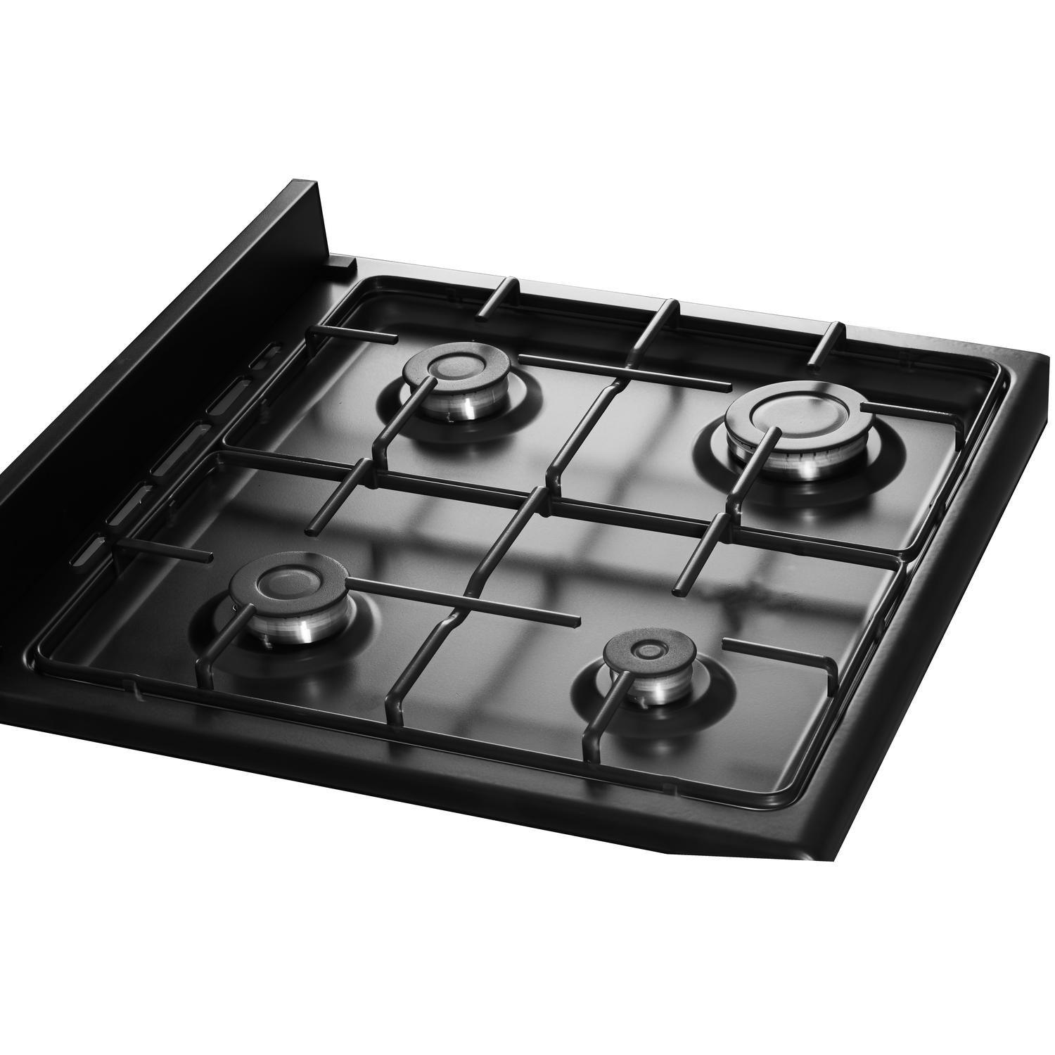 Zwart inbouw gasfornuis met vier branders en een metalen rooster.