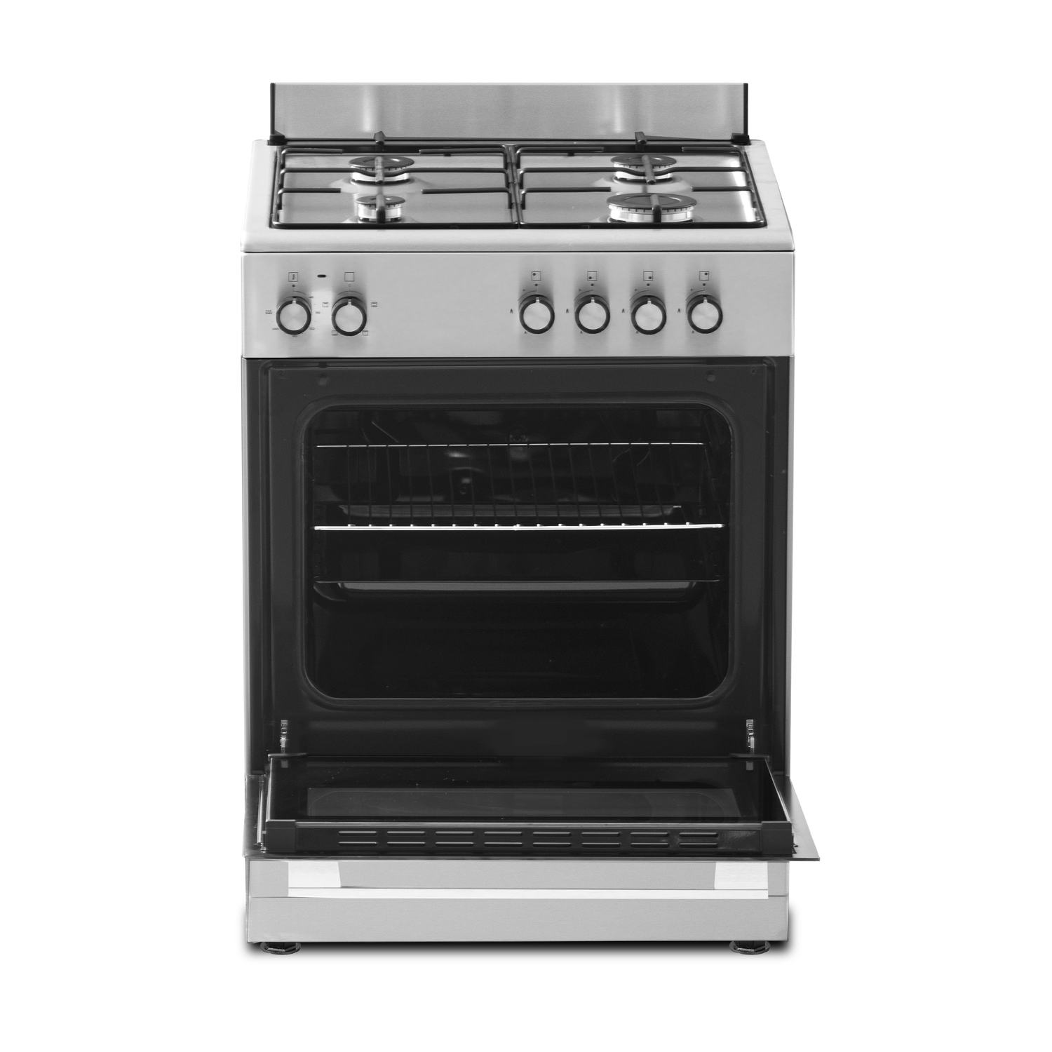 A silver and black gas stove with the oven door open. It's on a white background.