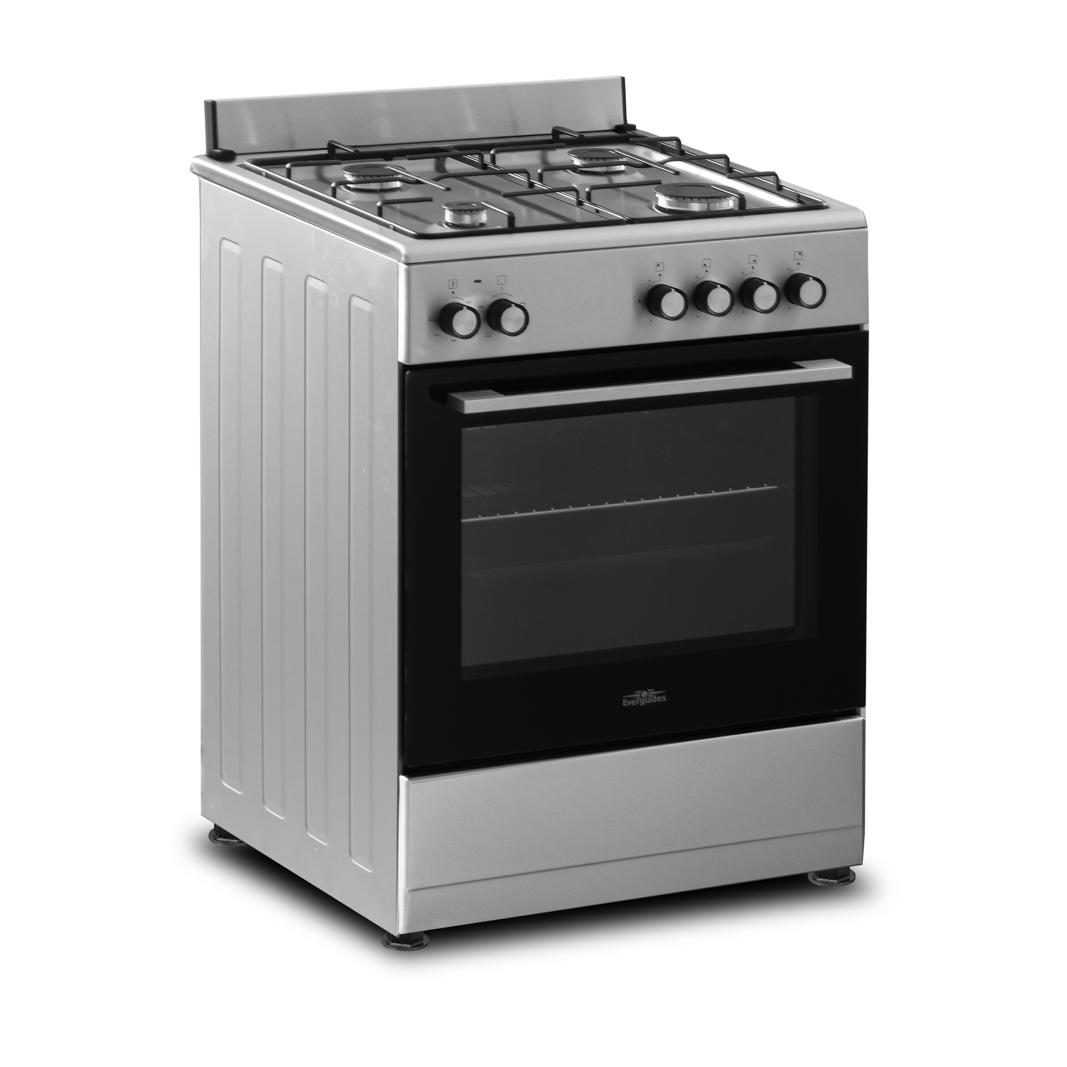 Silver gas stove with four burners. Black oven door. Knobs for temperature control. White background.