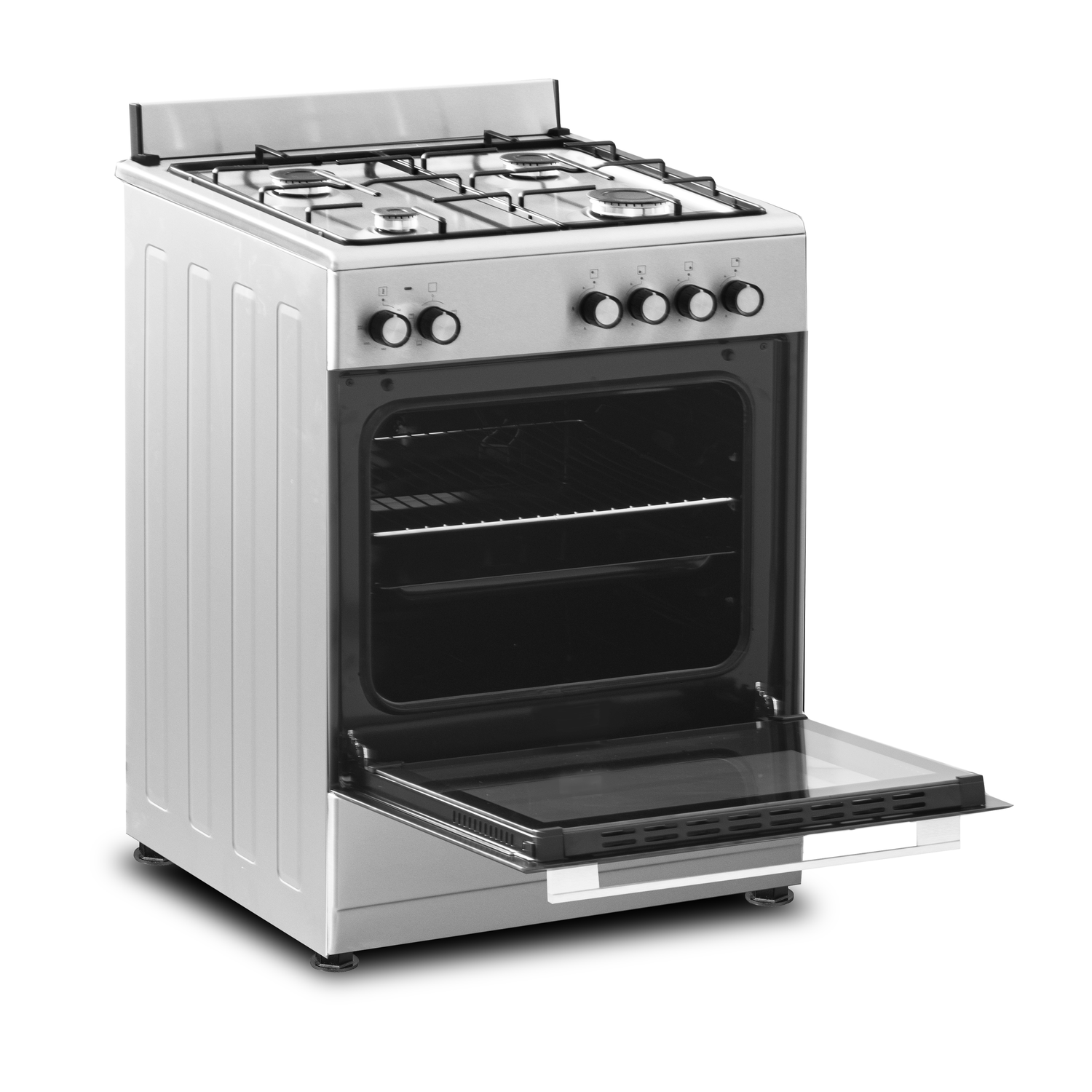 A silver and black gas stove with the oven door open.