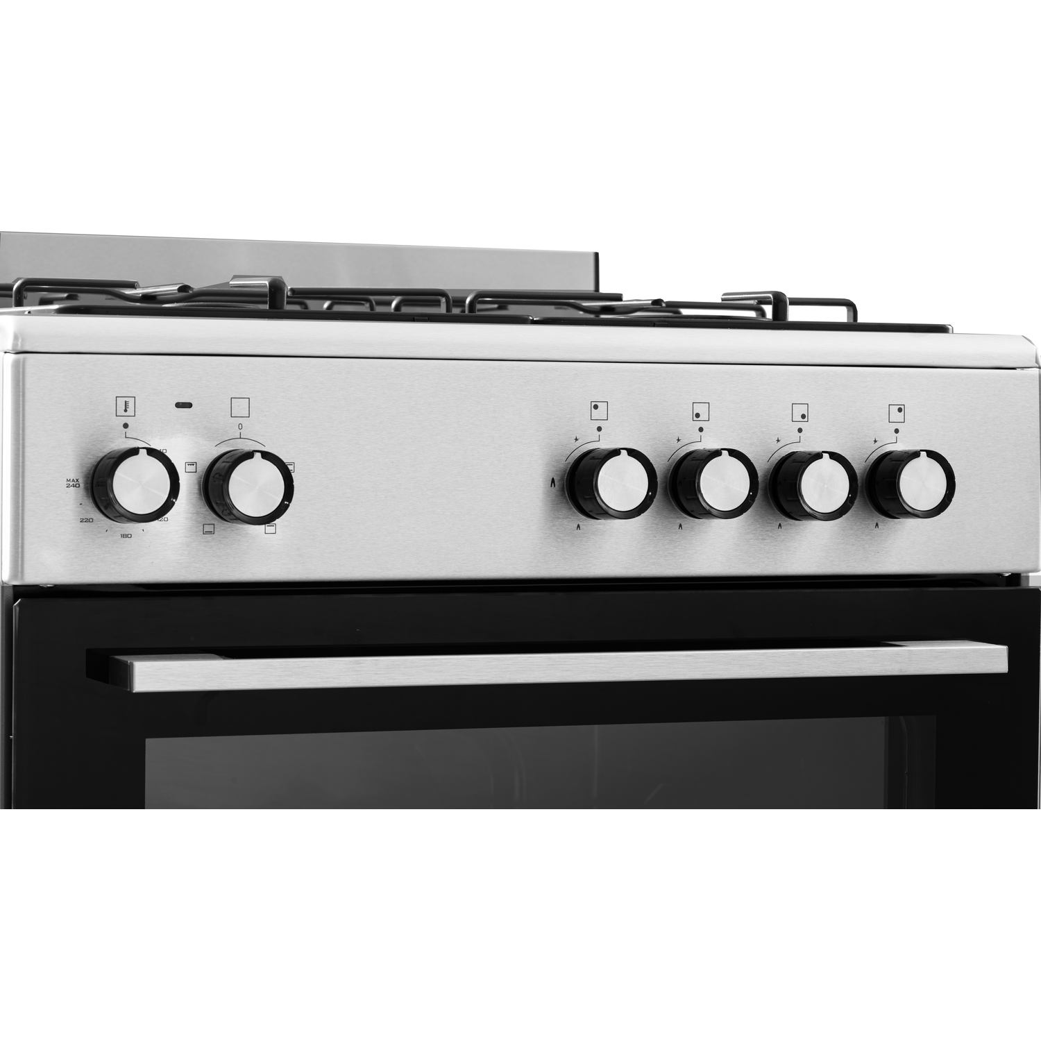 A gas stove with five black knobs. The top is stainless steel, and the oven is black.