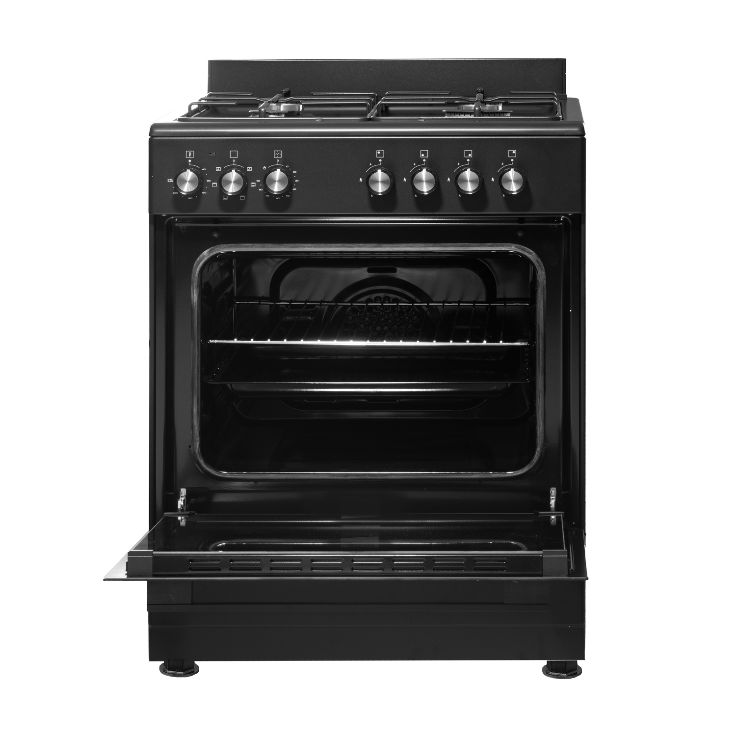 Zwarte vrijstaande oven met open deur. Knoppen bovenop. De oven staat op een witte achtergrond.