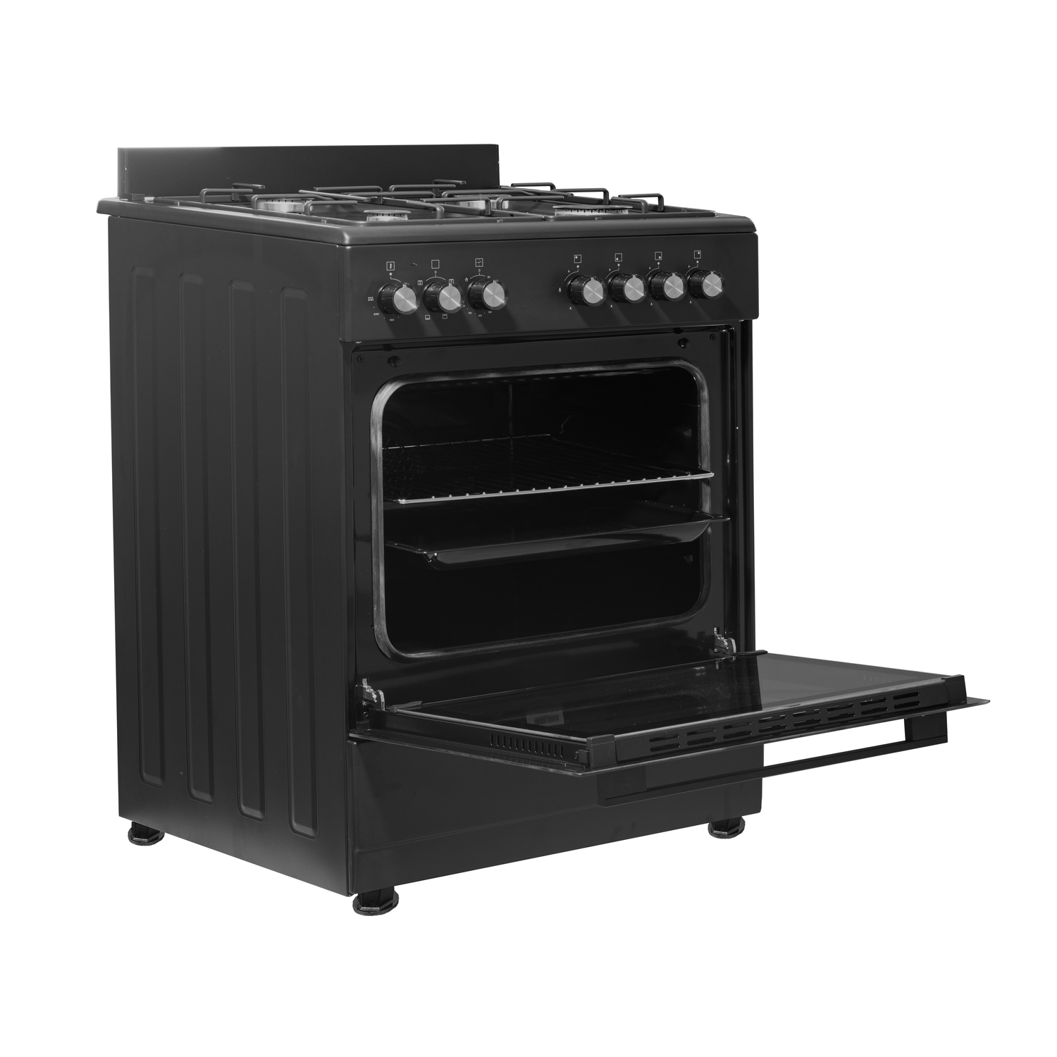 Een zwarte oven met een open deur. Hij heeft een kookplaat met vier branders en een van voren te openen ovendeur.