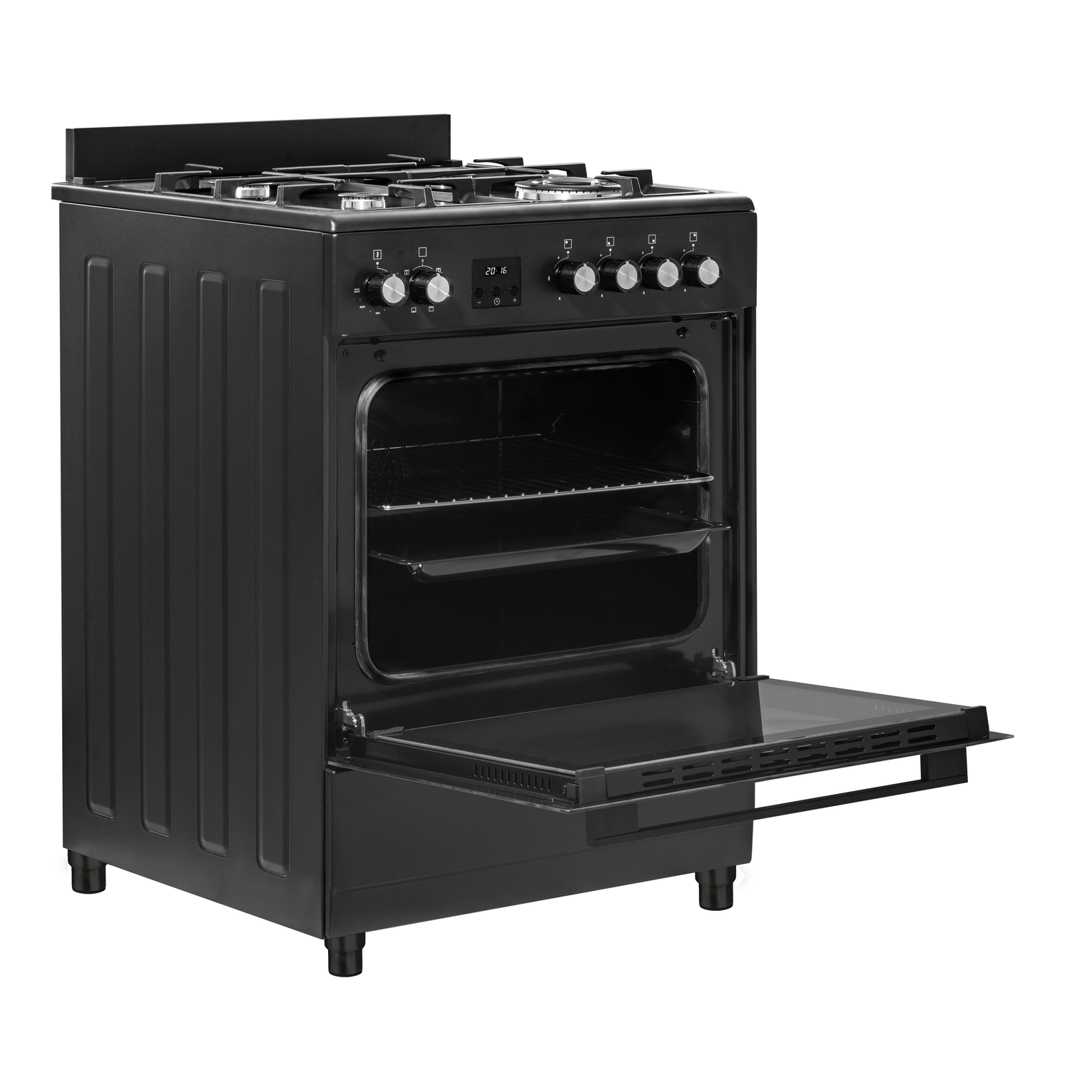 Cuisinière à gaz noire avec porte du four ouverte. L'intérieur du four est visible. 4 brûleurs dessus.
