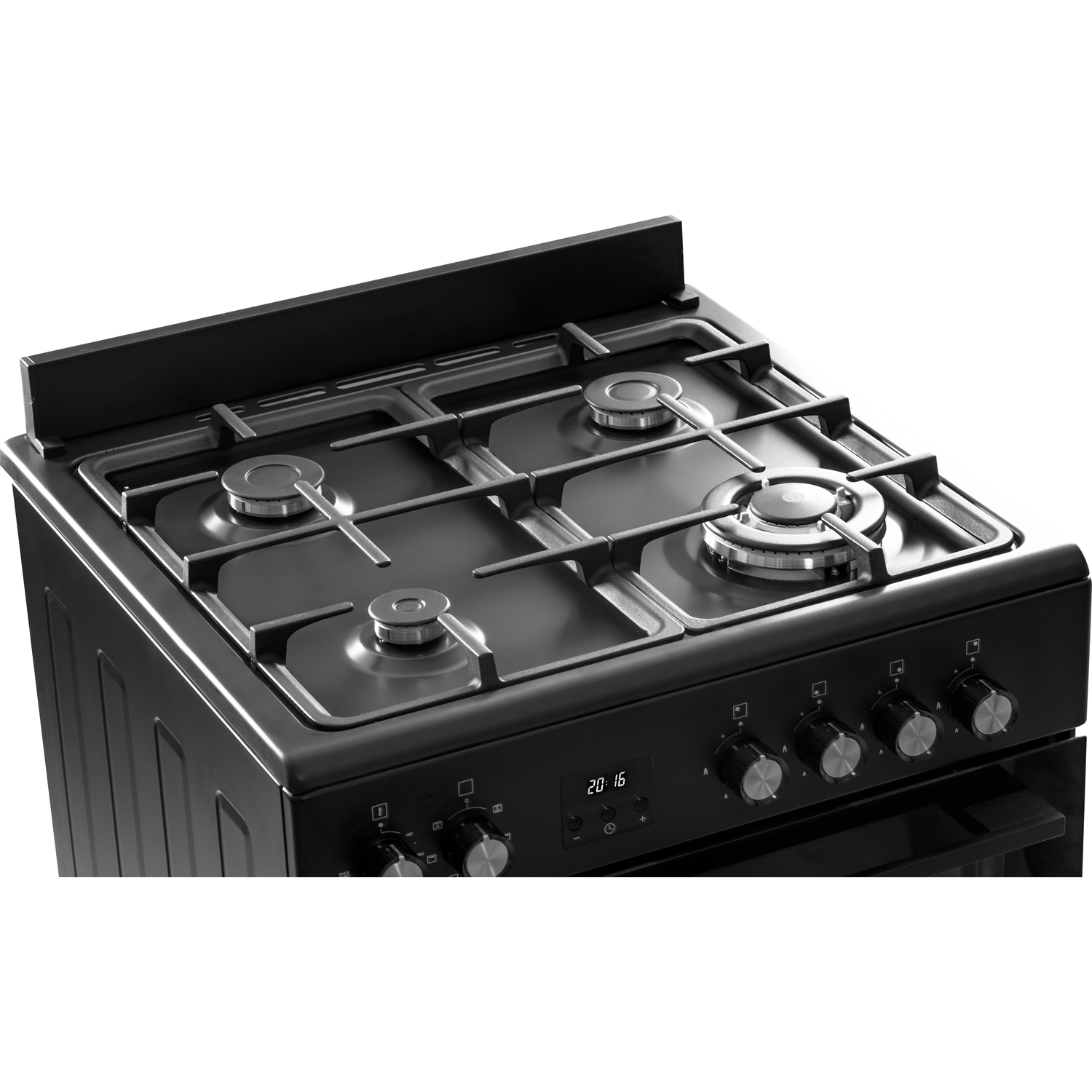 Cuisinière à gaz noire, vue de dessus. Quatre brûleurs et des boutons de commande sont visibles.