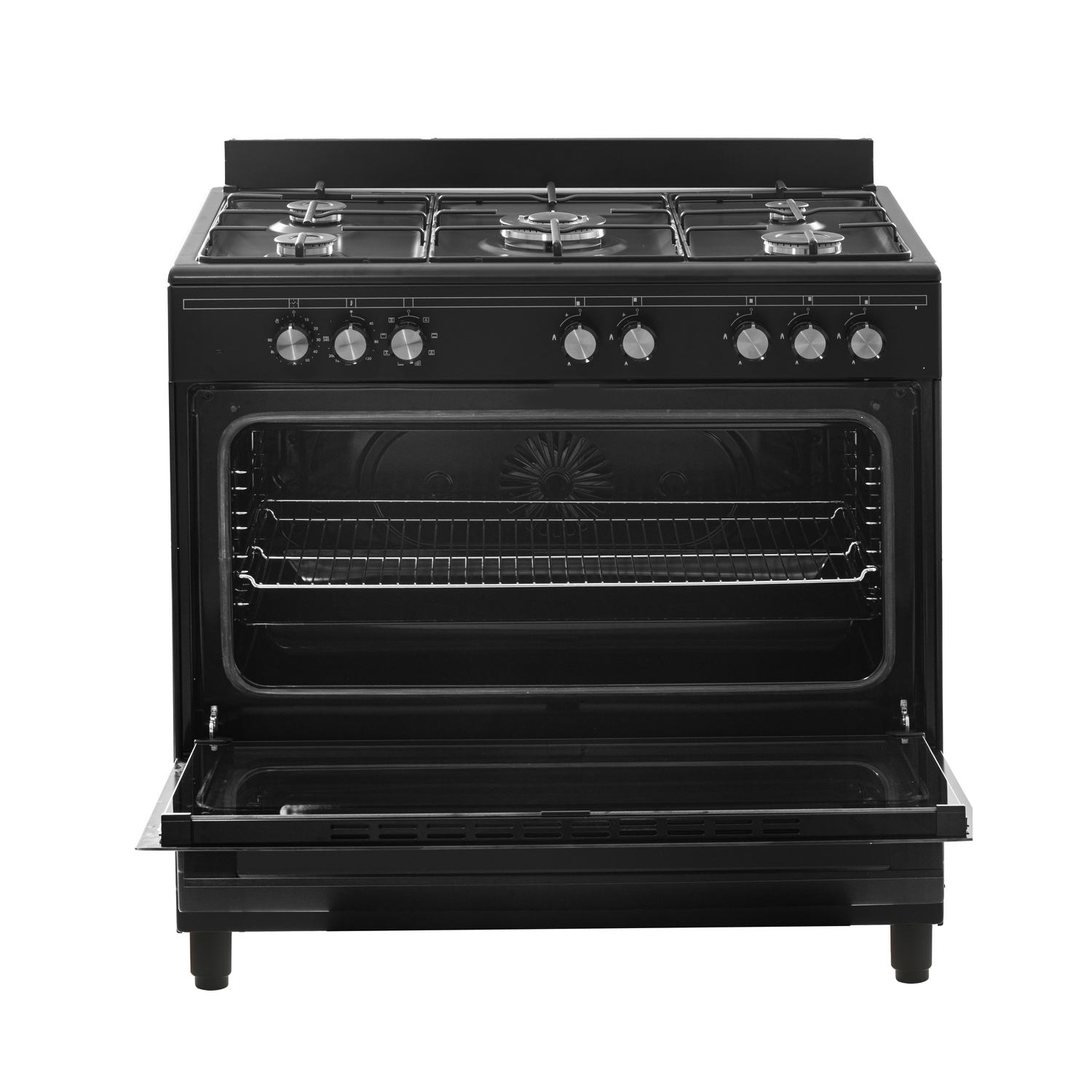 Black oven with open door, showing interior racks and burners on top.