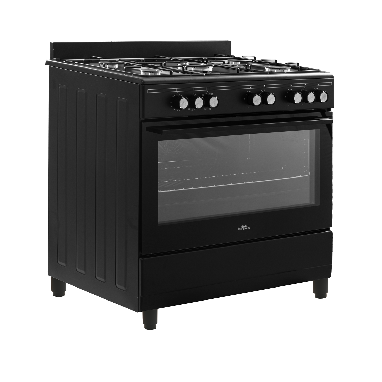 A black oven with a glass door, four burners and control knobs. The background is white.