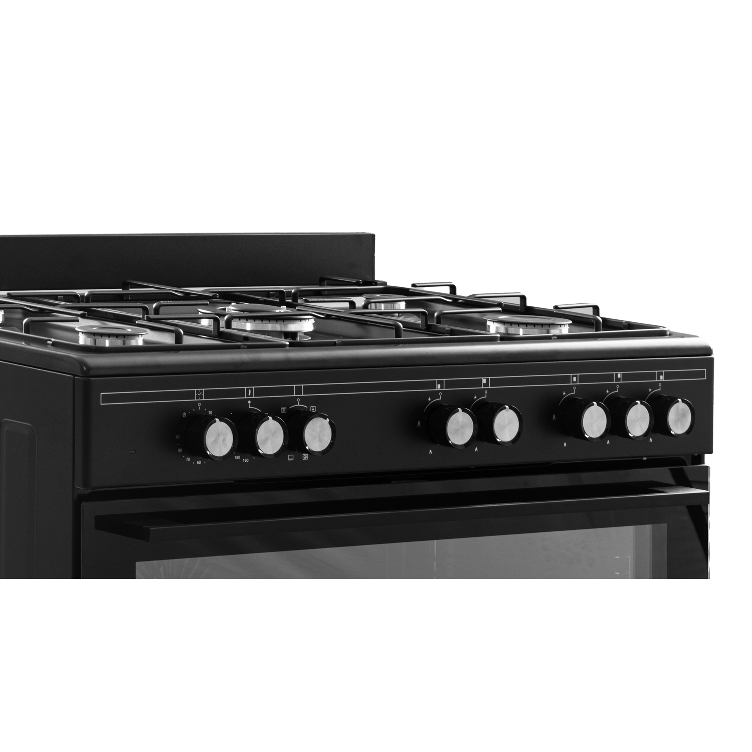 Black gas stove with knobs and oven door partially open.