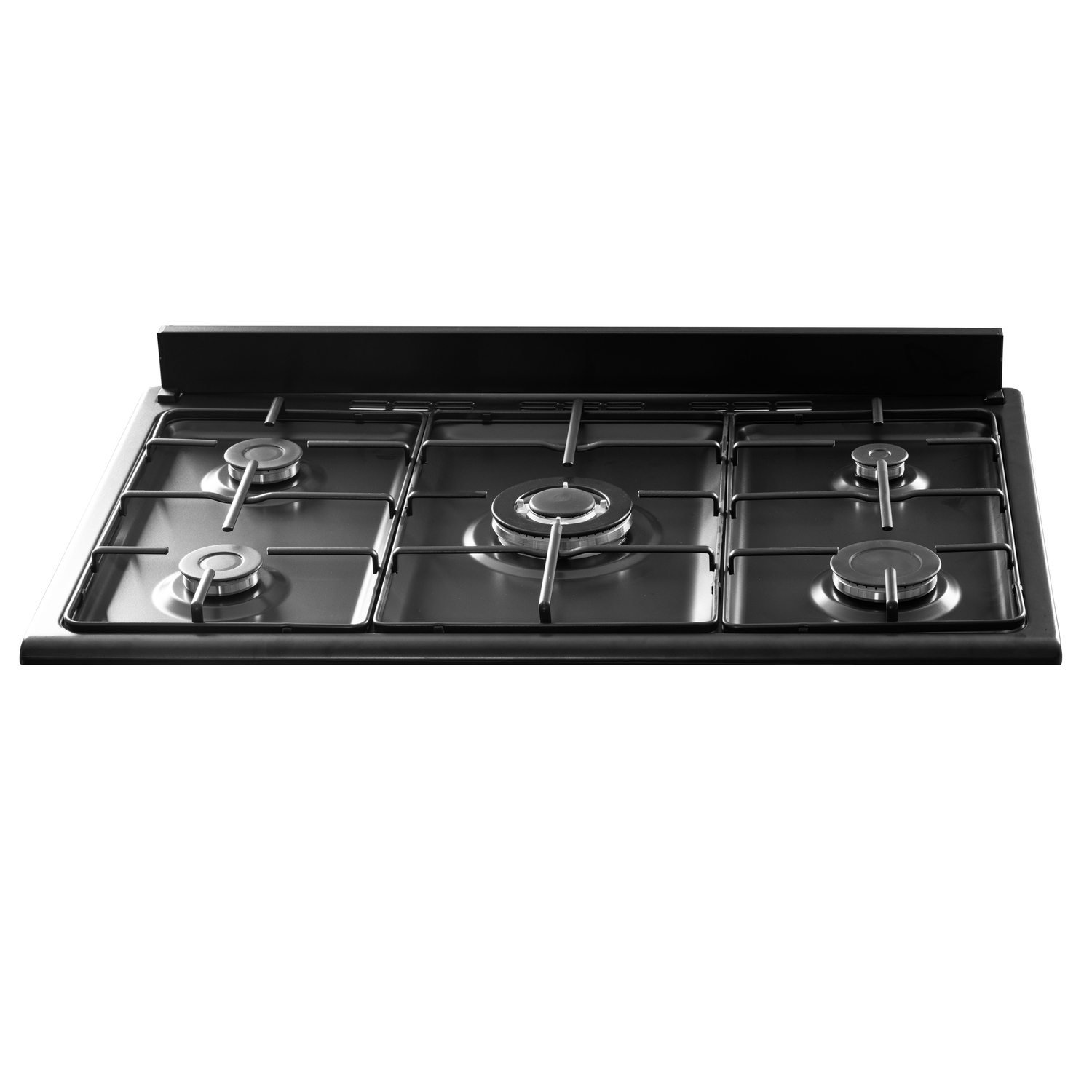 Black stovetop with five burners. Shiny surface. White background.