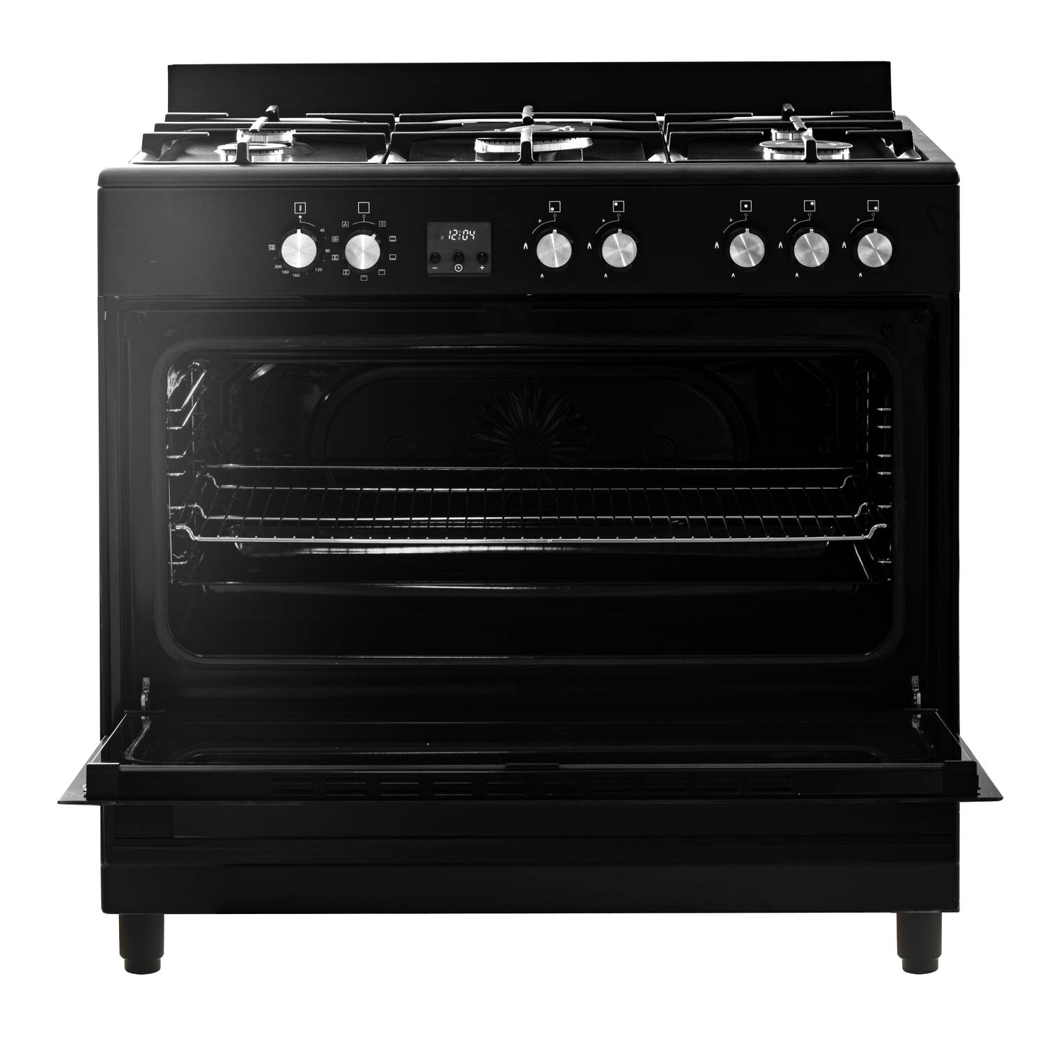 A black oven with the door open. The interior shows racks and the digital clock is visible.