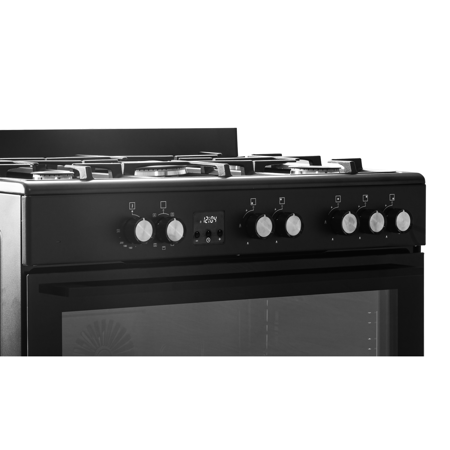 A black oven with a glass door and control knobs. The display shows 12:04. There is a gas cooktop.