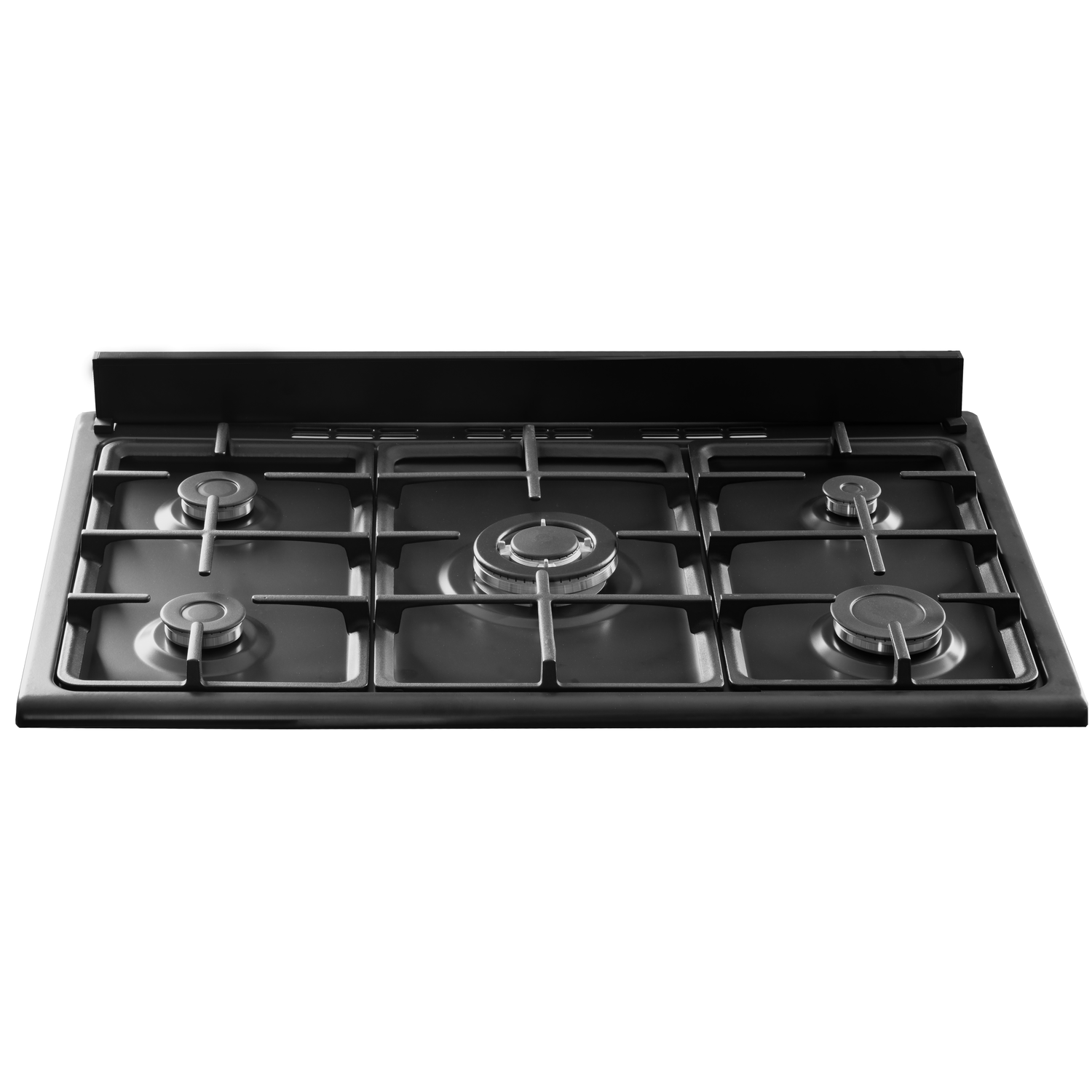 A black gas stove with five burners, shot from an overhead perspective.