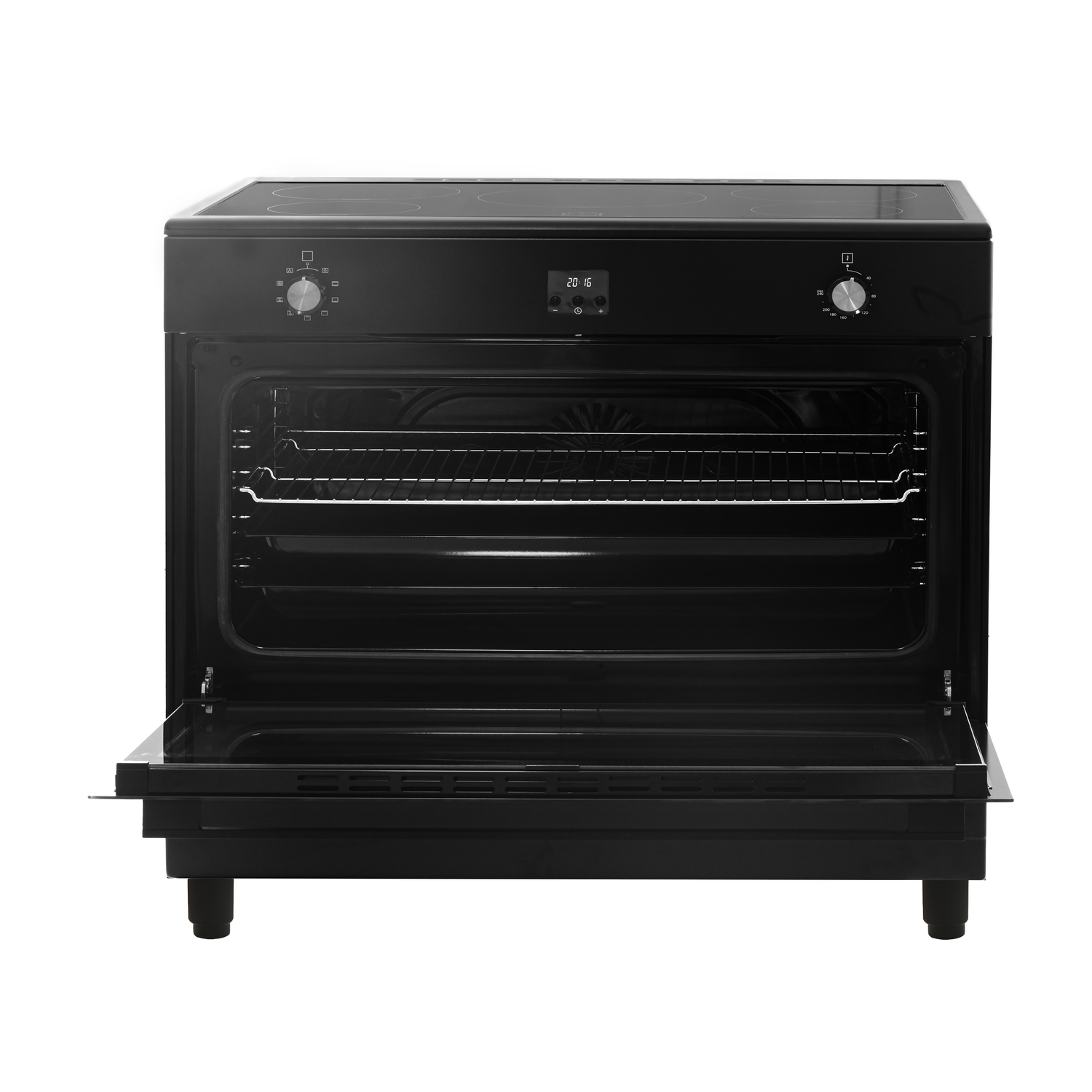 An open black oven with shelves. The oven has a black door and a control panel. It is on a white background.