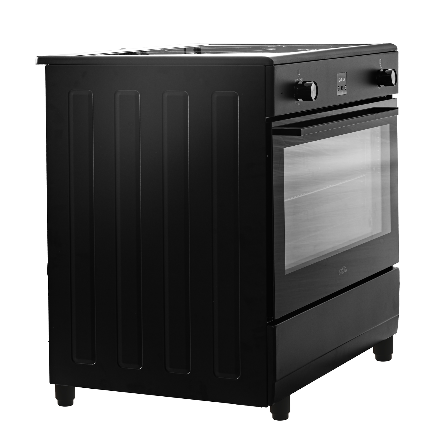 Black oven from a side perspective, with the back panel visible.