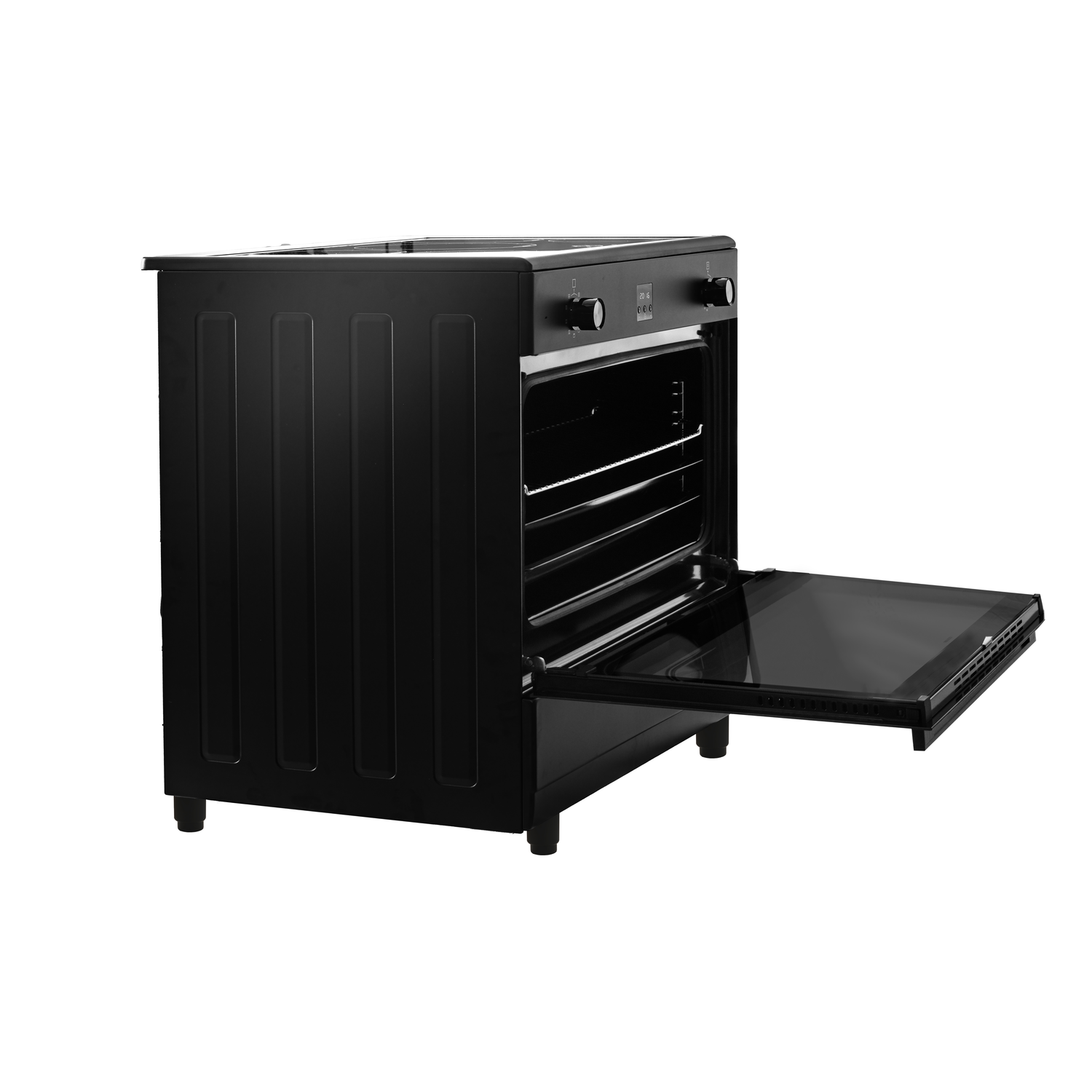 Black oven with door open. Interior shows racks. The oven sits on a black base.