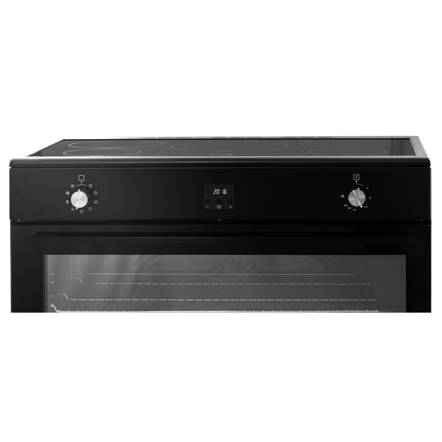 A black oven with a glass door showing the interior. There are control dials and a digital display.