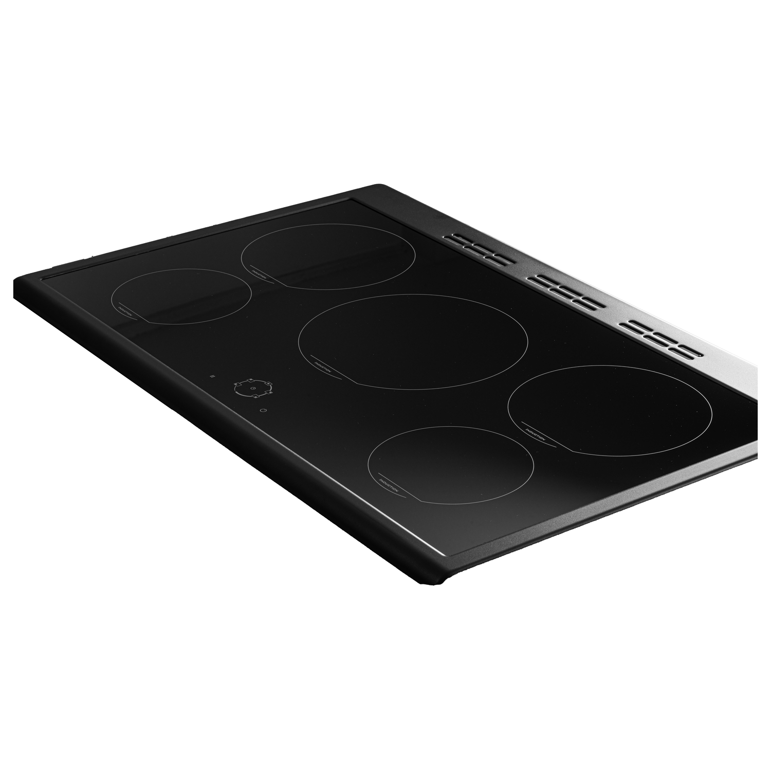 Black induction cooktop with six circular cooking zones on white background.