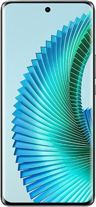 Un smartphone con un diseño degradado de líneas azul y verde.
