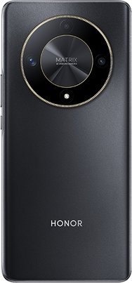 Vista trasera del teléfono Honor negro con módulo de cámara circular y logotipo Honor.