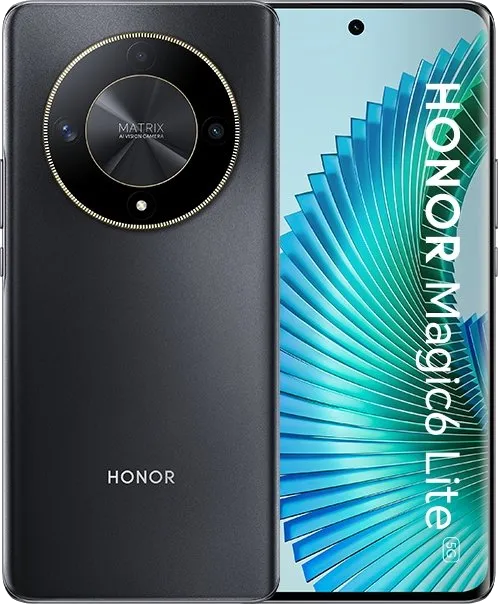 Smartphone Honor Magic6 Lite negro y gris. Muestra la parte trasera y delantera con una gran pantalla.
