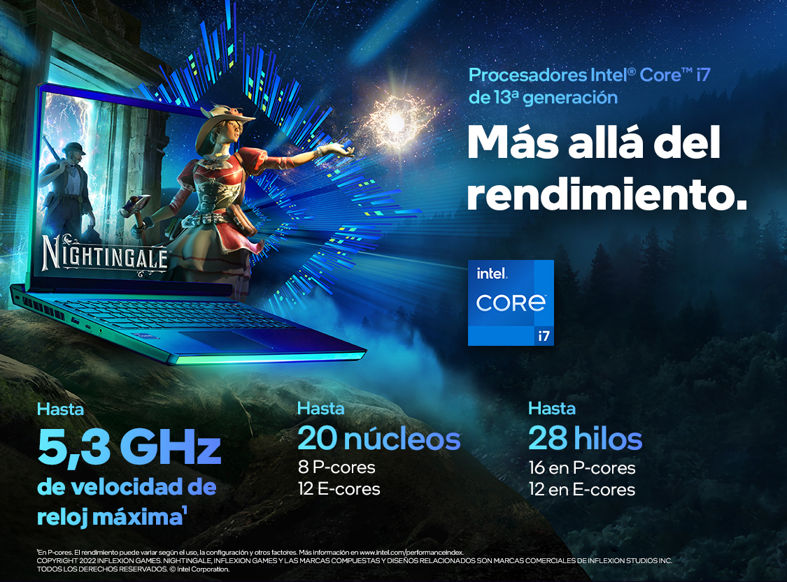 Anuncio portátil Intel Core i7. Mujer en escena de juego. Muestra velocidad, núcleos e hilos.