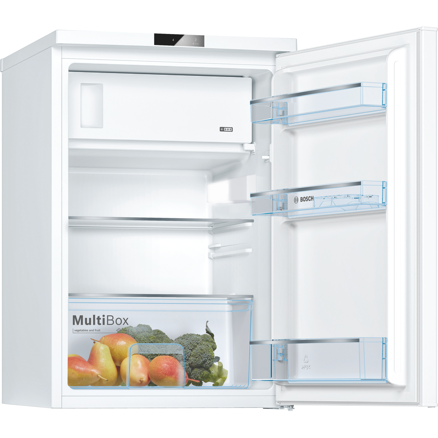 White refrigerator with an open door showing shelves and a fruit & vegetable drawer.