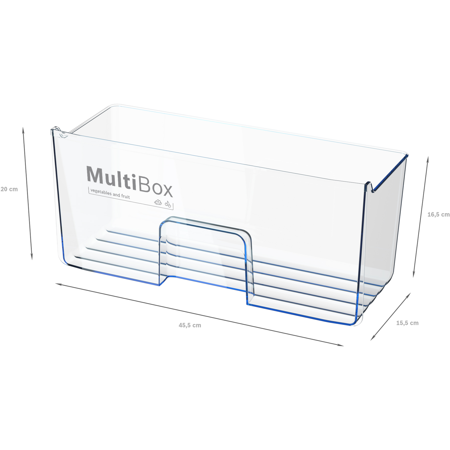 Clear plastic MultiBox, with dimensions labeled. The box is rectangular, with a blue handle.