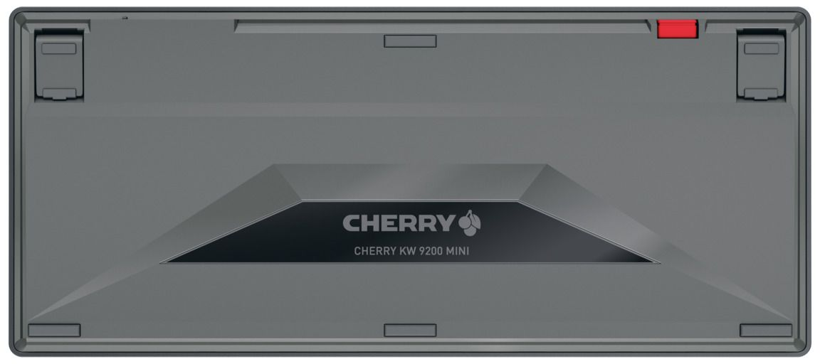 Graue Tastaturunterseite. Die Tastatur hat den Markennamen CHERRY und die Modellnummer.