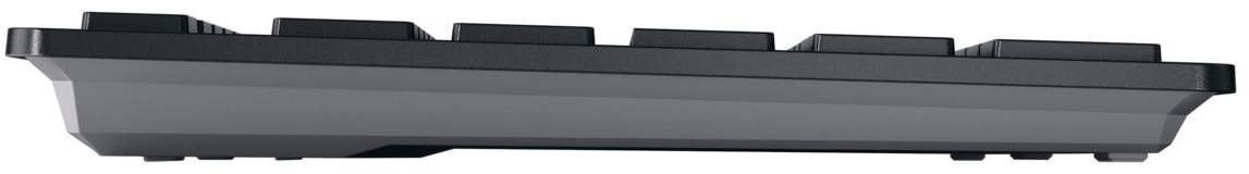 Seitenansicht einer grau-schwarzen Tastatur. Die Tasten sind schwarz und die Basis ist grau.