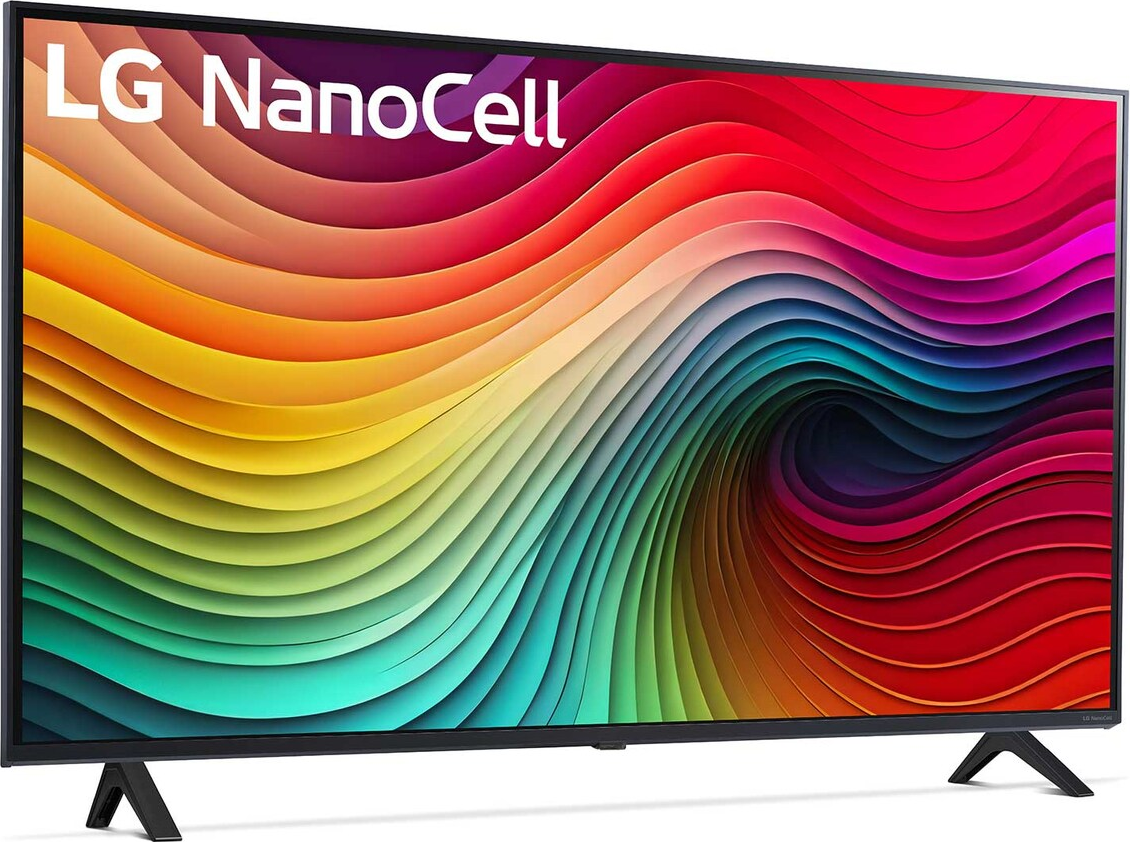 LG NanoCell TV mit buntem, abstraktem Muster. Der Fernseher steht auf einem schwarzen Ständer.