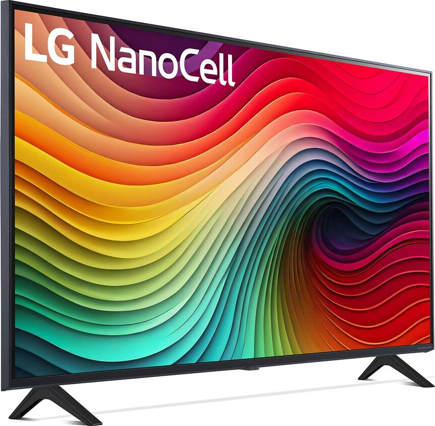 LG NanoCell-Fernseher zeigt farbenfrohe abstrakte Kunst. Schwarzer Stand unten.