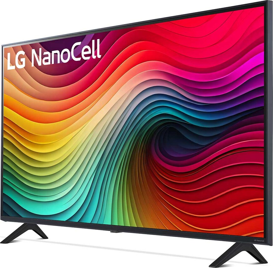 Ein LG NanoCell TV mit farbenfrohem Bildschirm auf schwarzen Beinen.