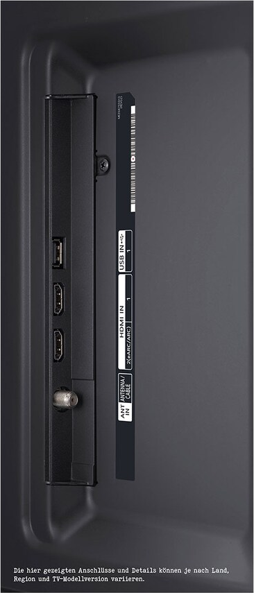 Nahaufnahme der Rückseite des Fernsehers. Anschlüsse umfassen HDMI, AV und USB. Textbeschriftungen sind vorhanden.