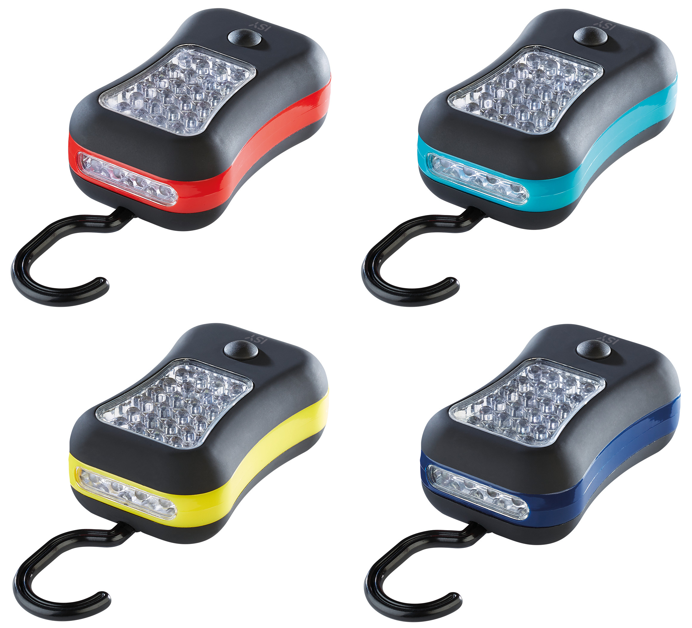 Cztery wielokolorowe latarki z haczykami, ułożone na białej powierzchni.