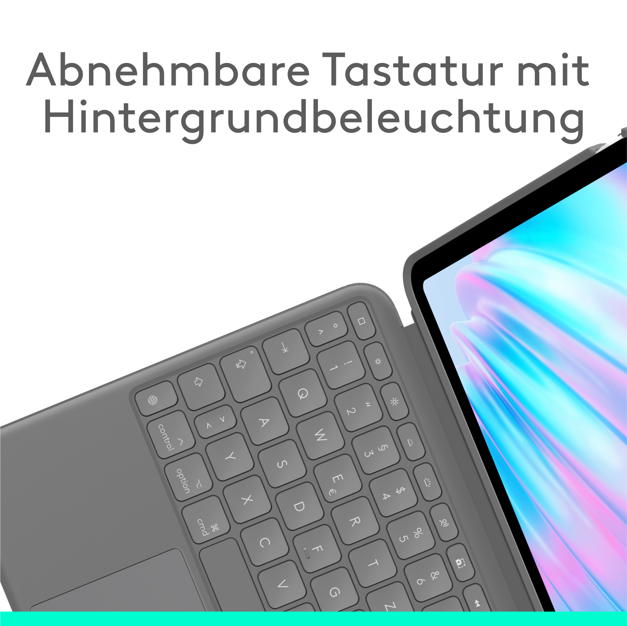 Eine Tablet-Tastatur mit beleuchteter Tastatur, schräge Ansicht.