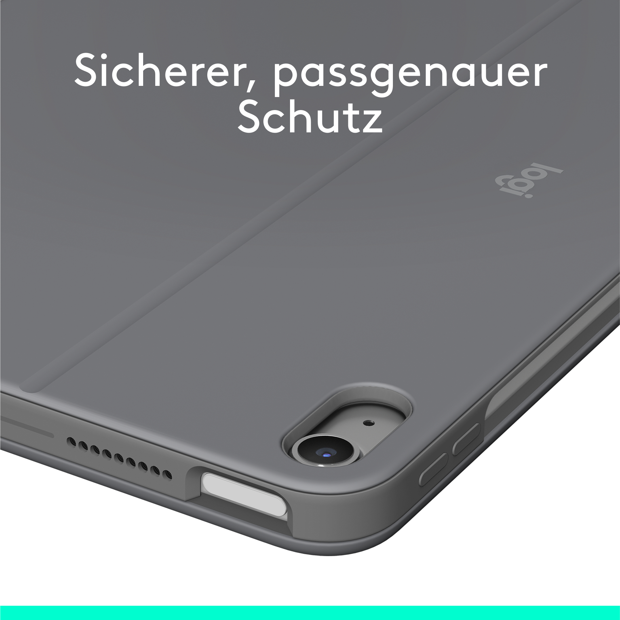 Graue Tablethülle mit Kameraöffnung und Logo in der oberen rechten Ecke.