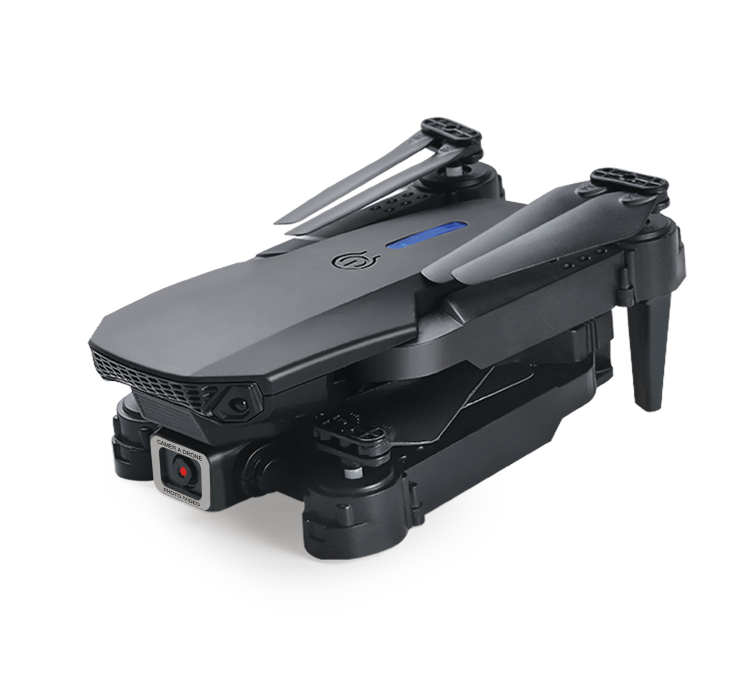 Zwarte drone. Het heeft een camera, opvouwbare armen en staat op een witte achtergrond.