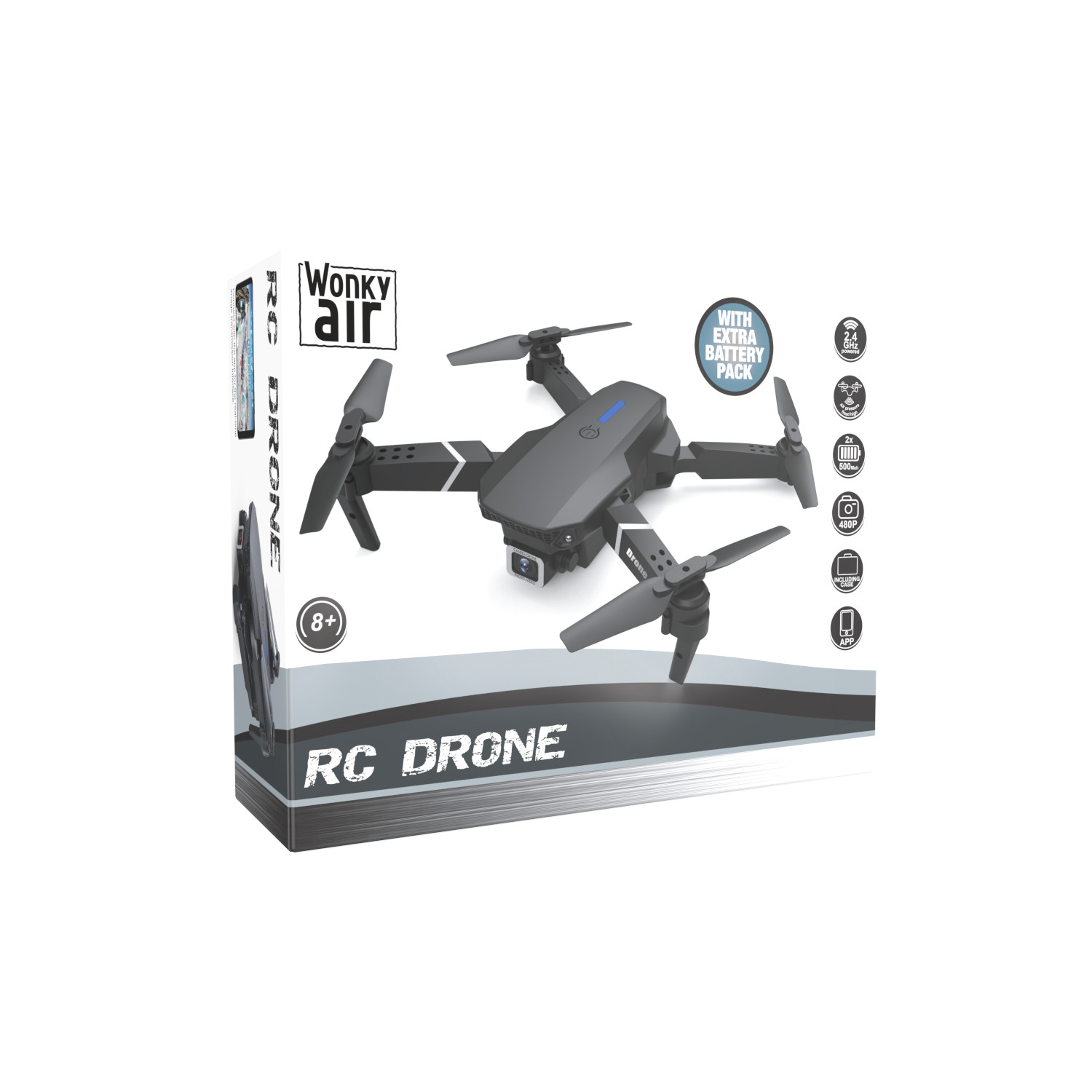 Drone in een doos met RC Drone tekst, een drone afbeelding en Wonky Air branding. Doos heeft extra batterij info.