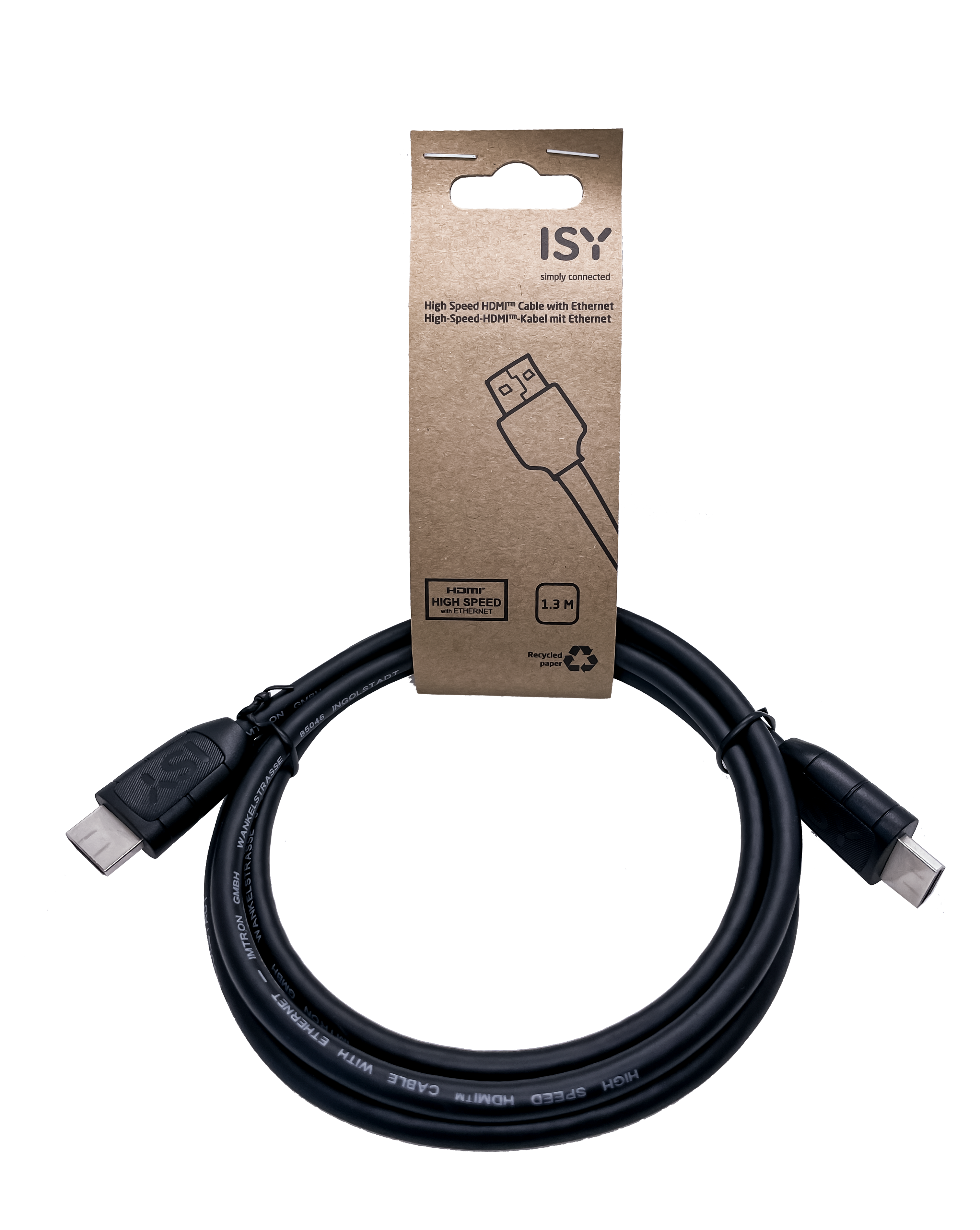Czarny kabel HDMI z opakowaniem, z nazwą marki ISY.