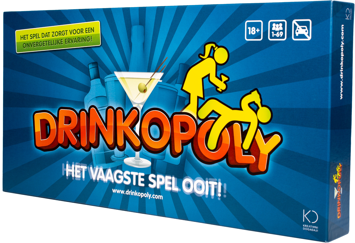 Drinkopoly-speldoos. De doos is blauw, met een martini-glasafbeelding. De titel Drinkopoly is zichtbaar.
