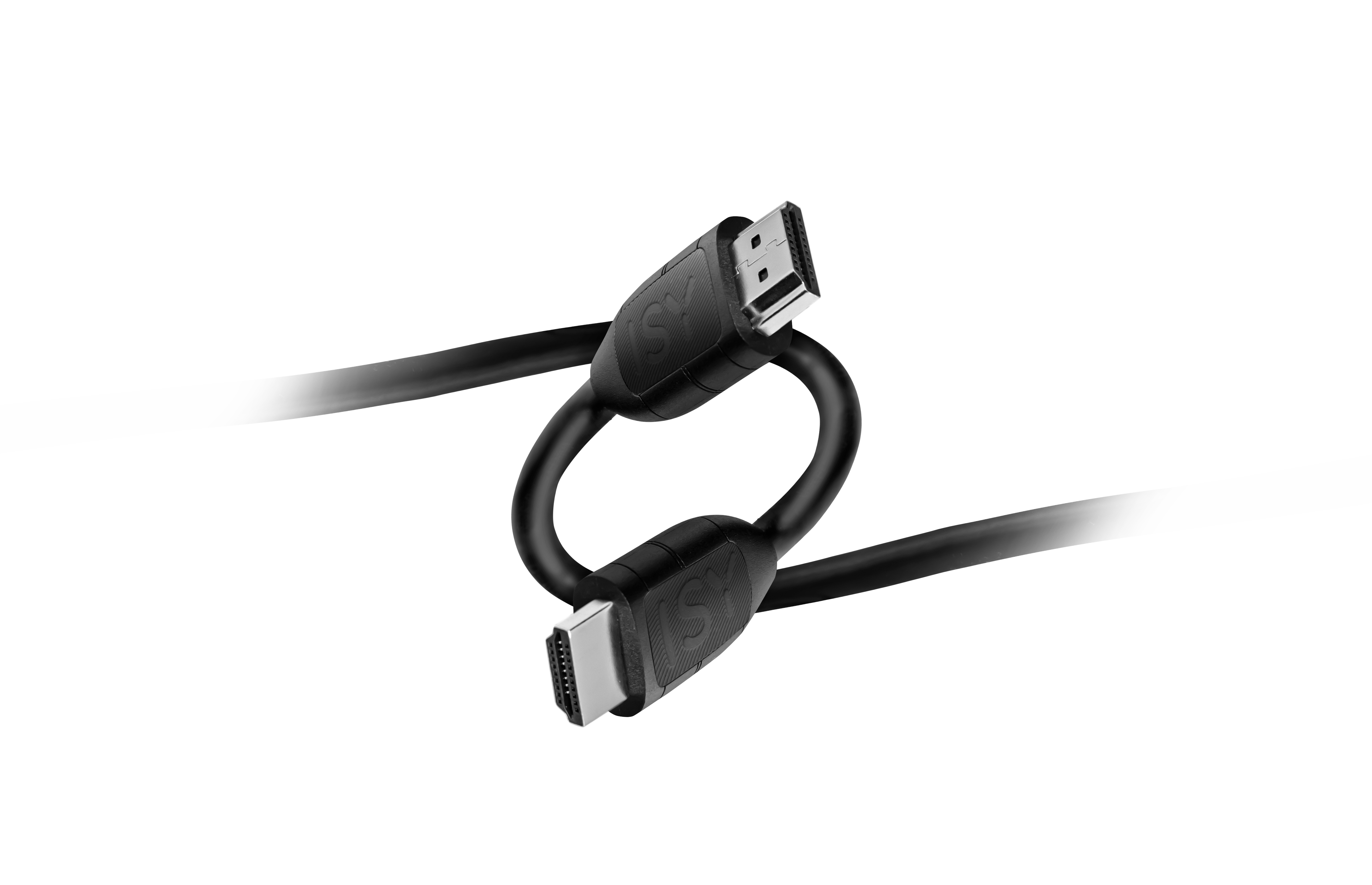 Dwa czarne kable HDMI połączone, na czarnym tle.