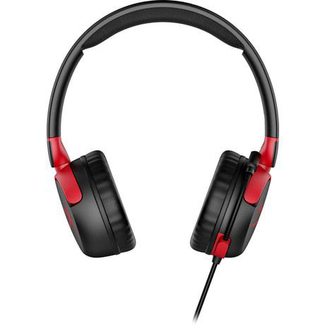 Schwarz-roter Kopfhörer auf weißem Hintergrund. Der Kopfhörer ist im Over-Ear-Stil mit Kabel.