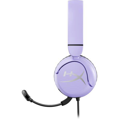 Ein helllila HyperX Gaming-Headset. Es hat ein Mikrofon und ein schwarzes Kabel. Der Hintergrund ist weiß.