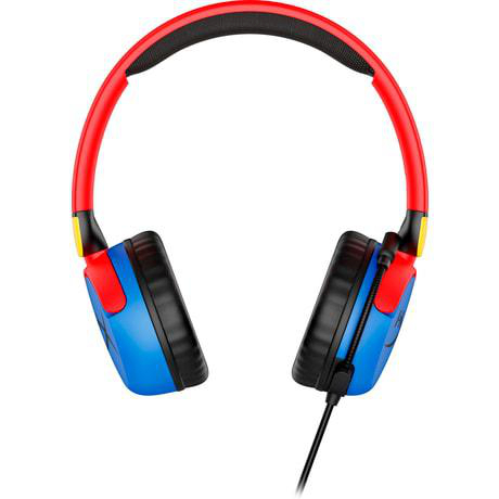 Bunte Kopfhörer mit roten, blauen und schwarzen Akzenten. Das Kabel ist schwarz. Der Hintergrund ist weiß.