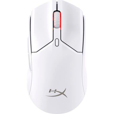 Weiße Computermaus mit rotem Scrollrad und schwarzem Logo.